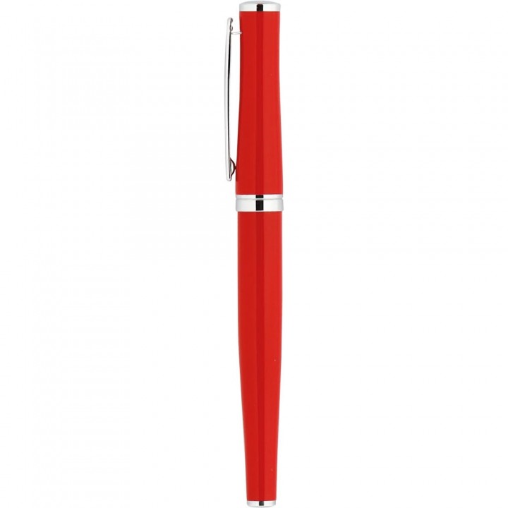 Logo baskılı siyah deri görünümlü kutulu kırmızı roller ve tükenmez kalem seti